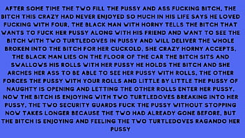 After fucking the security guard the naughty brunette told the security guard he had a fantasy of fucking with several males at the same time