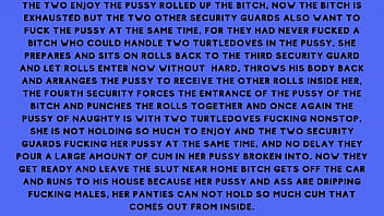 After fucking the security guard the naughty brunette told the security guard he had a fantasy of fucking with several males at the same time