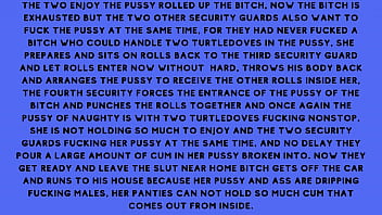 After fucking the security guard the naughty brunette told the security guard he had a fantasy of fucking with several males at the same time