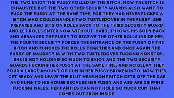 After fucking the security guard the naughty brunette told the security guard he had a fantasy of fucking with several males at the same time