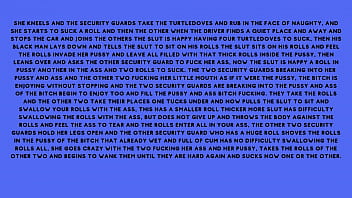 After fucking the security guard the naughty brunette told the security guard he had a fantasy of fucking with several males at the same time