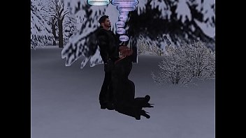 Milf whore in fur longcoat sucking cock in snow