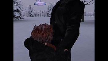 Milf whore in fur longcoat sucking cock in snow