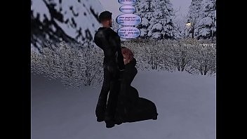Milf whore in fur longcoat sucking cock in snow