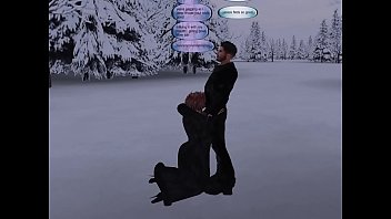 Milf whore in fur longcoat sucking cock in snow