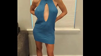 Blue sweater dress with high heels