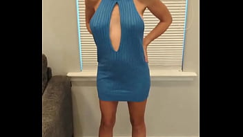 Blue sweater dress with high heels