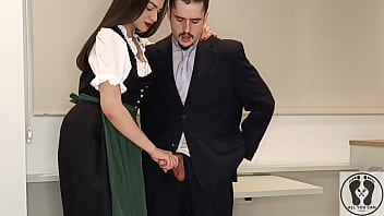 Wearing a traditional austrian dirndl she jerked him off