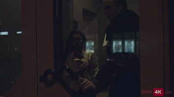 Slim brunette with firm breasts gets fucked sideways and covered in spunk