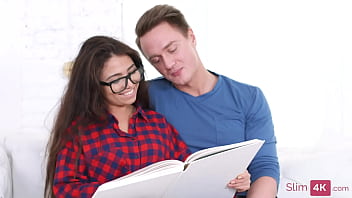 Slim brunette with firm breasts gets fucked sideways and covered in spunk