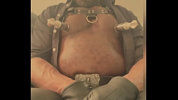 Black mature muscle leather titpump nipple play & bbc cum