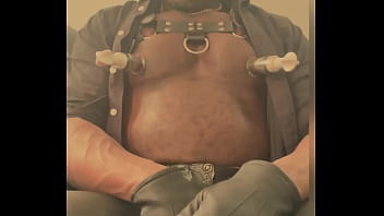 Black mature muscle leather titpump nipple play & bbc cum