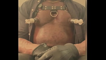 Black mature muscle leather titpump nipple play & bbc cum