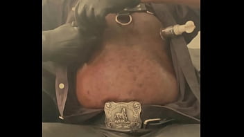 Black mature muscle leather titpump nipple play & bbc cum