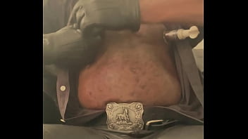 Black mature muscle leather titpump nipple play & bbc cum