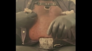 Black mature muscle leather titpump nipple play & bbc cum