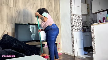Chubby housewife farting in tight jeans while cleaning