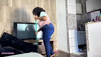 Chubby housewife farting in tight jeans while cleaning