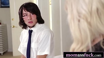 Nerdy stepson gets a wild anal lesson from busty blonde milf