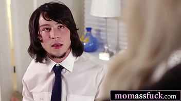 Nerdy stepson gets a wild anal lesson from busty blonde milf