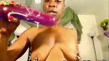 Ebony throating her big dildo as instructed by her hubby camg8