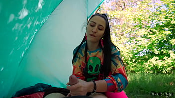 Slutty hippie jerked me off for free in her tent