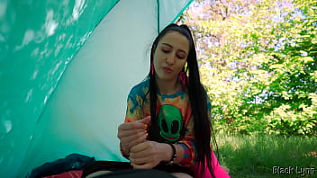 Slutty hippie jerked me off for free in her tent