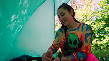 Slutty hippie jerked me off for free in her tent