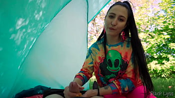 Slutty hippie jerked me off for free in her tent