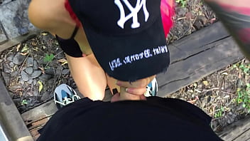 Pink haired babe public blowjob and hardcore sex on train