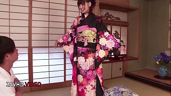 Seductive kimono clad jav star takes passionate creampie in steamy night scene