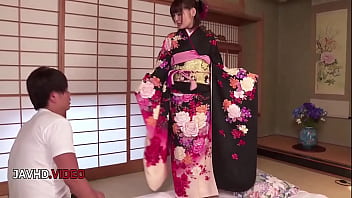 Seductive kimono clad jav star takes passionate creampie in steamy night scene