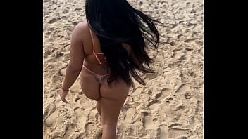 Brazilian married brunette girl in bikini micro on the beach filmed by her husband