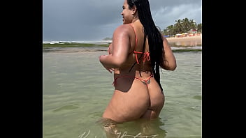 Brazilian married brunette girl in bikini micro on the beach filmed by her husband