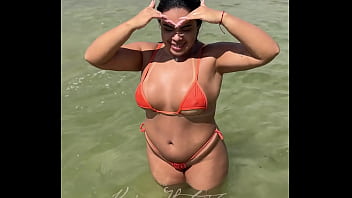 Brazilian married brunette girl in bikini micro on the beach filmed by her husband