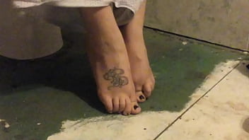 Wife on toilet showing off sexy feet and panties