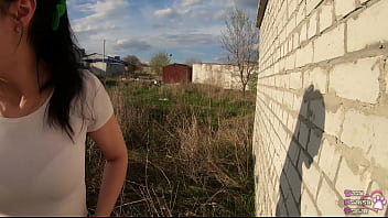 Risky pov blowjob behind the garages