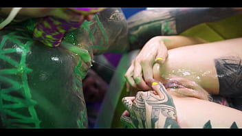 Tattooed girl gets her ass filled with cum compliments of punk girls Tattooed girl gets her ass filled with cum compliments of punk girls