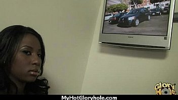 Ebony slut fucks a white gloryhole cock in her first interracial scene 19