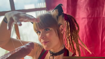 Cute cosplayer drools on a thick cock in her throat