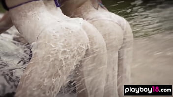 Big boobed exotic nude beauties washing a car outdoor