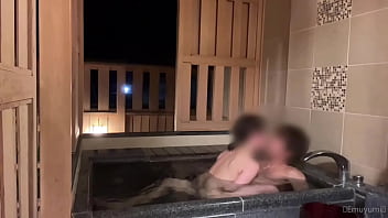 She Moans A Lot In The Open Air Bath Creampie In A Cowgirl While In Full View From Outside thumbnail