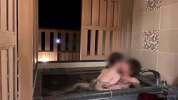 She Moans A Lot In The Open Air Bath Creampie In A Cowgirl While In Full View From Outside thumbnail