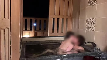She Moans A Lot In The Open Air Bath Creampie In A Cowgirl While In Full View From Outside thumbnail