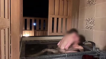She Moans A Lot In The Open Air Bath Creampie In A Cowgirl While In Full View From Outside thumbnail