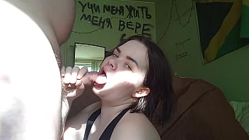 Thick girl is hungry for cum very much so she gets a really big load on her face neck and tits