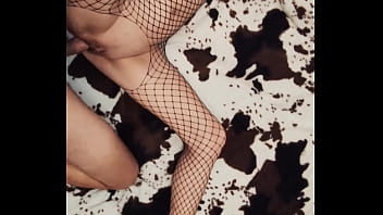 Skinny wife in mesh bodysuit