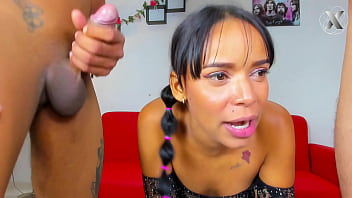 Girl sucks her two friends cock and they fuck her throat