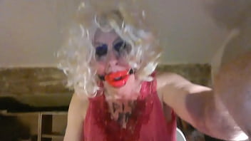 Pee Stained Tranny Sarah Millward Inserts 8 Inch Dildo Through Mouth Gag Then Up Her 'vagina ' Masturbates Cocklet For You To Cum Over thumbnail