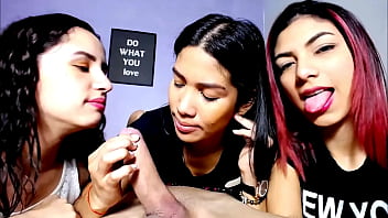 3 friends caress my cock with their lips